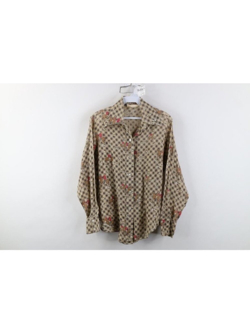 Vtg 70s Streetwear Womens 14 Faded Horse Dog Flannel Collared Button Shirt USA